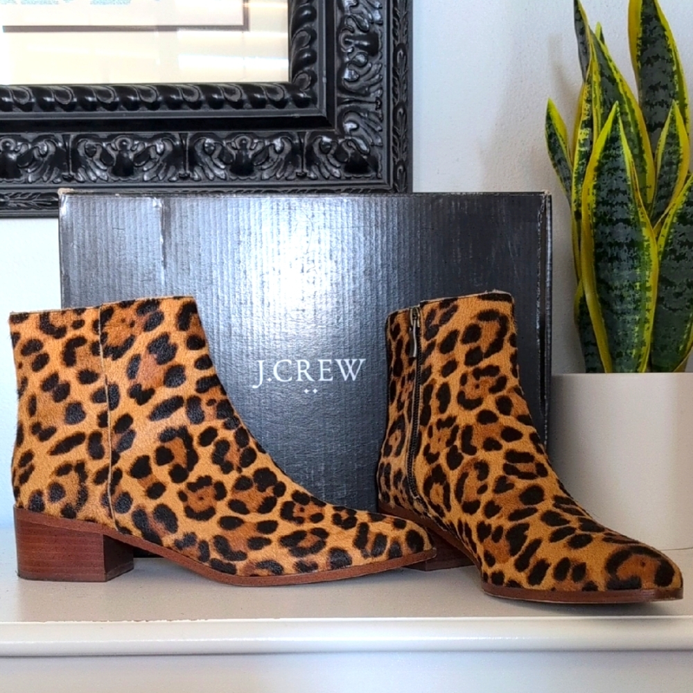 J. Crew Factory Walker Calf Hair Boots in Rich Mahogany Leopard Print Size 8